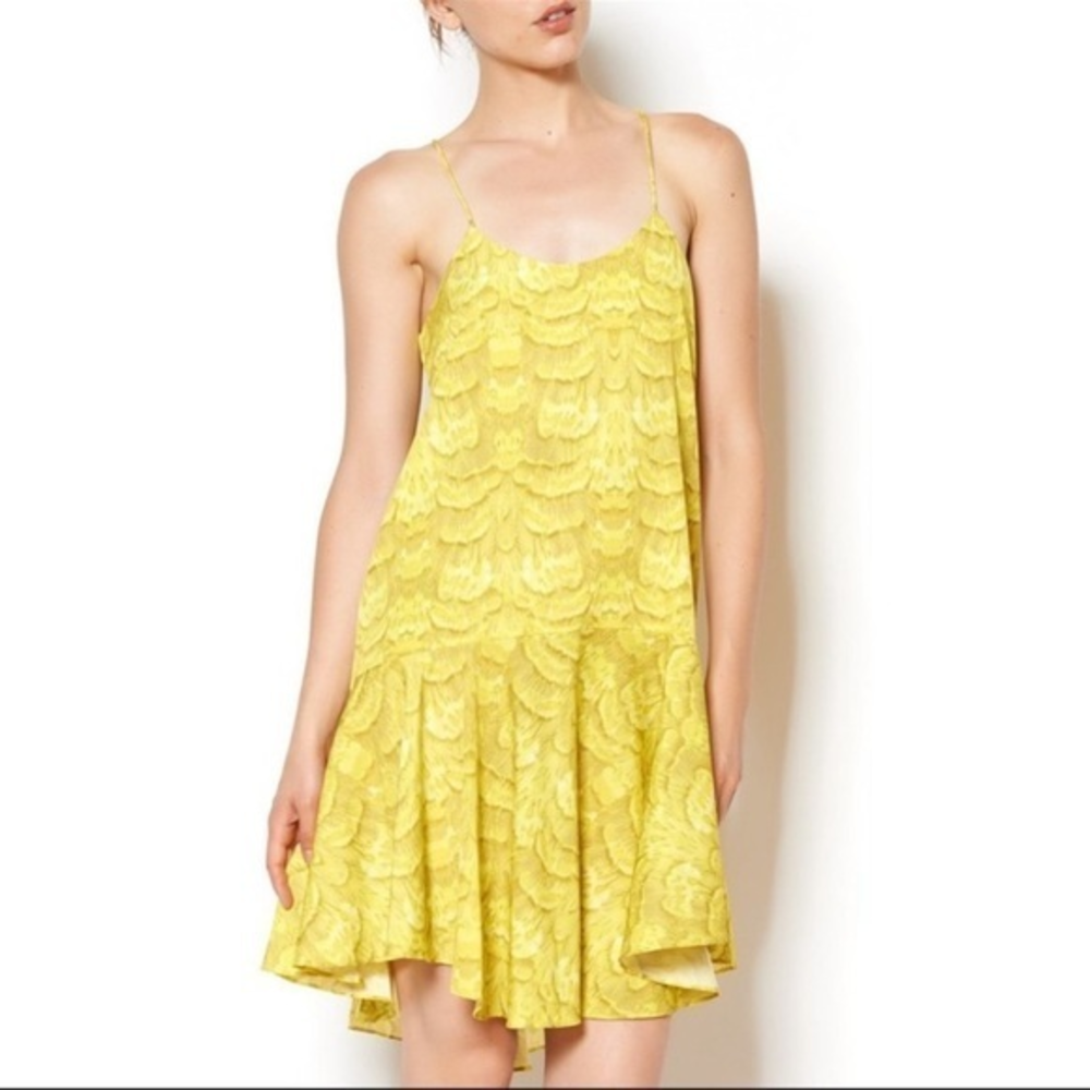 Tibi Ibis Feather Print‎ Ruffle Mini Dress Yellow Size 2